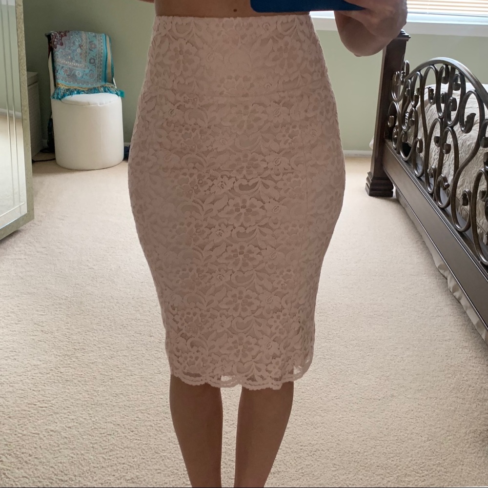 Pink floral lace midi skirt